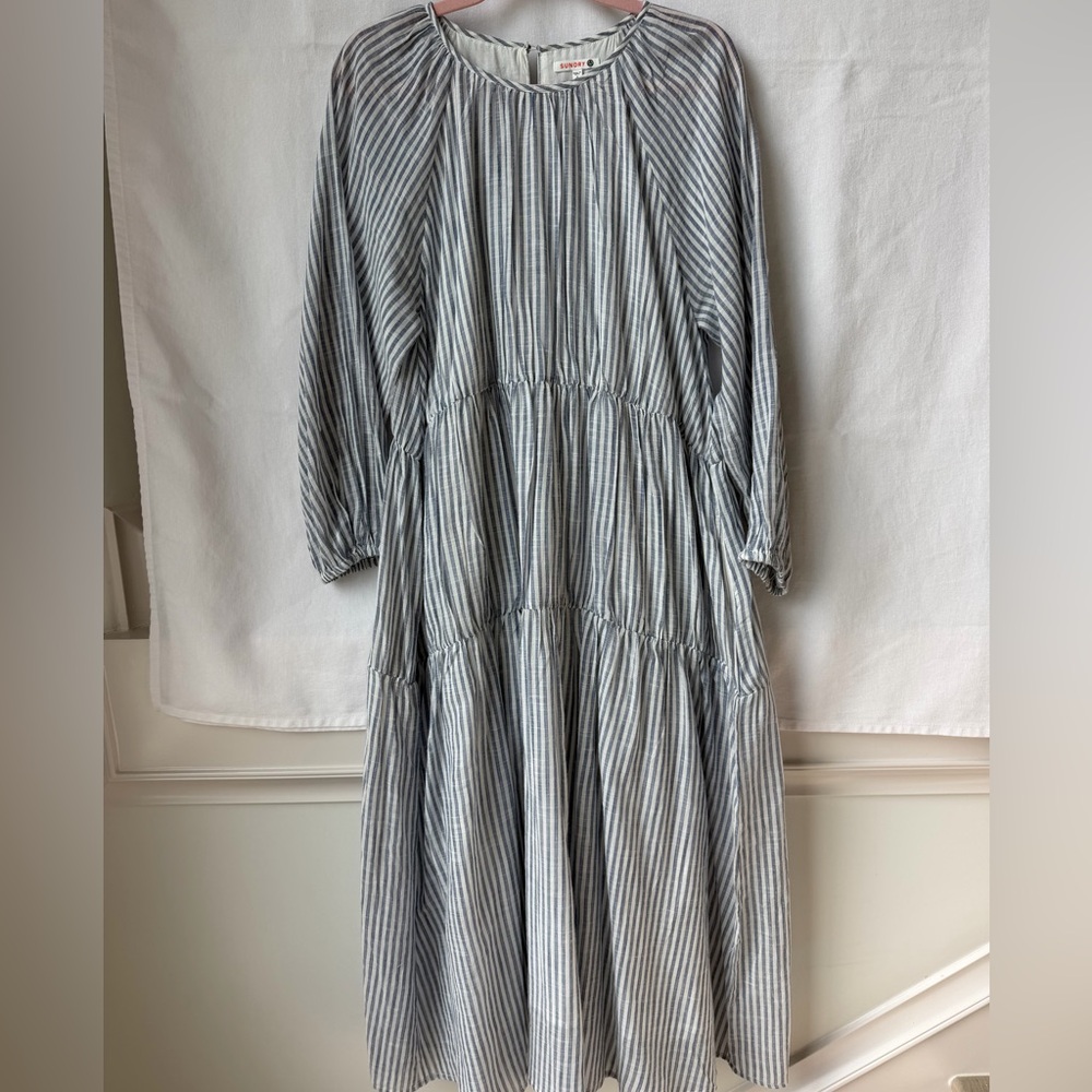 Sundry Blue and White Seersucker Tiered Lined Dress Size 2 Medium 8-10